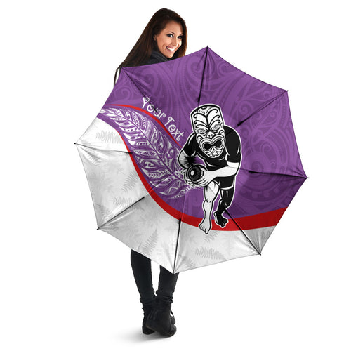 Personalised Aotearoa Lawn Bowls Umbrella Maori Warrior and Silver Fern Sporty Style Purple