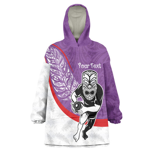 Personalised Aotearoa Lawn Bowls Wearable Blanket Hoodie Maori Warrior and Silver Fern Sporty Style Purple