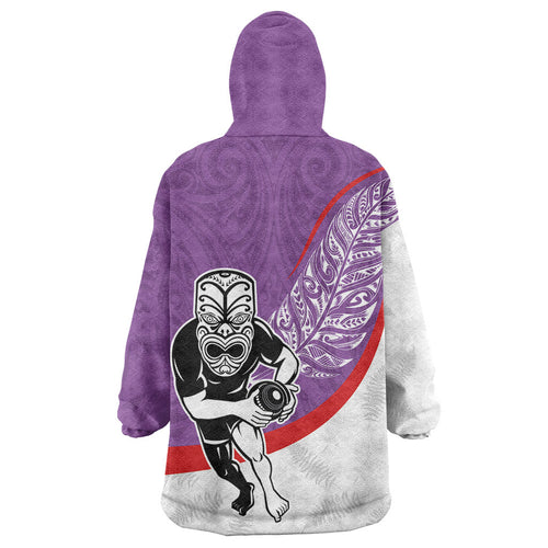 Personalised Aotearoa Lawn Bowls Wearable Blanket Hoodie Maori Warrior and Silver Fern Sporty Style Purple