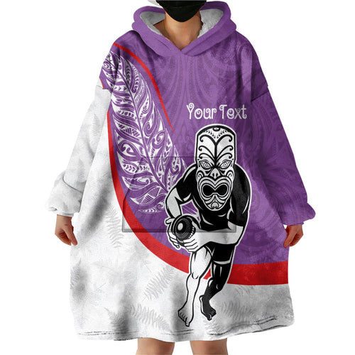 Personalised Aotearoa Lawn Bowls Wearable Blanket Hoodie Maori Warrior and Silver Fern Sporty Style Purple