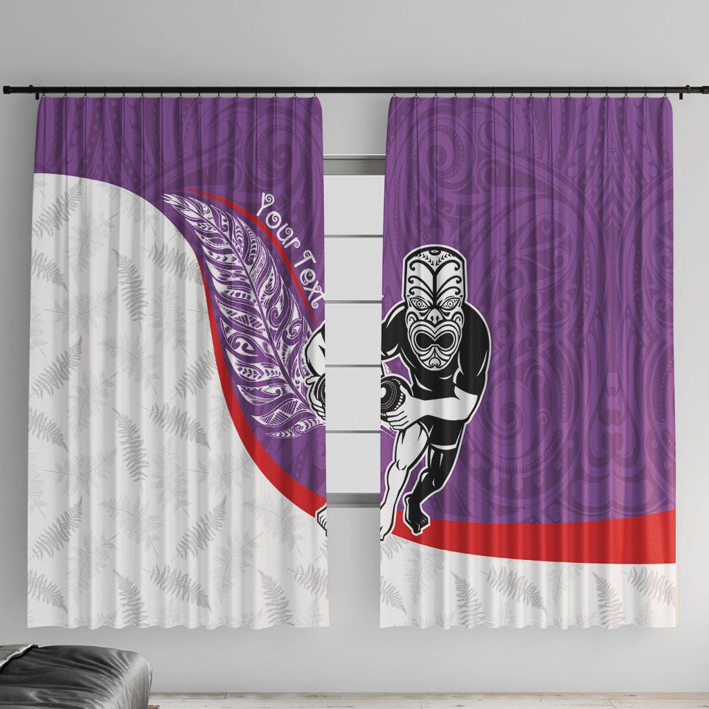 Personalised Aotearoa Lawn Bowls Window Curtain Maori Warrior and Silver Fern Sporty Style Purple