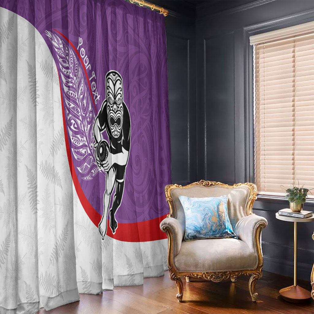 Personalised Aotearoa Lawn Bowls Window Curtain Maori Warrior and Silver Fern Sporty Style Purple