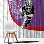Personalised Aotearoa Lawn Bowls Window Curtain Maori Warrior and Silver Fern Sporty Style Purple