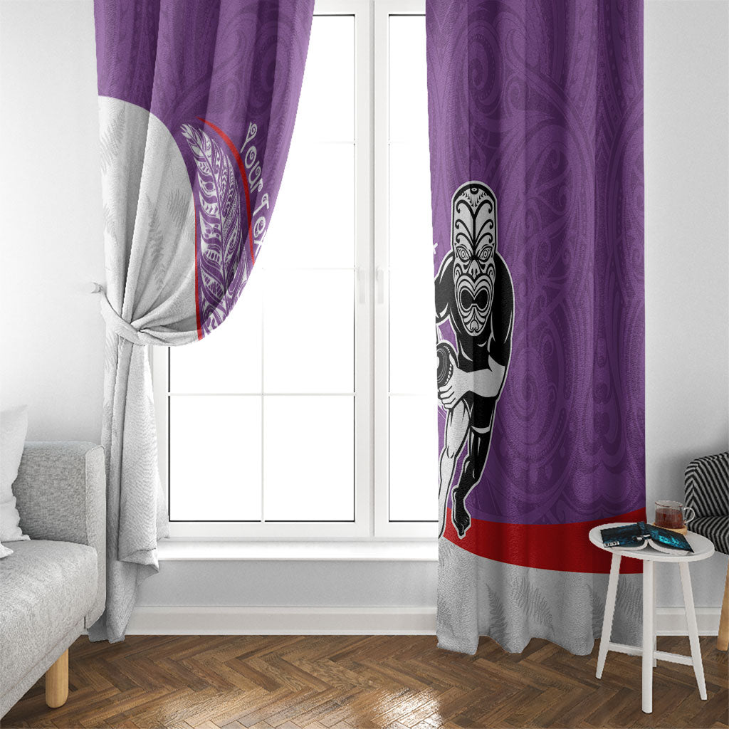 Personalised Aotearoa Lawn Bowls Window Curtain Maori Warrior and Silver Fern Sporty Style Purple