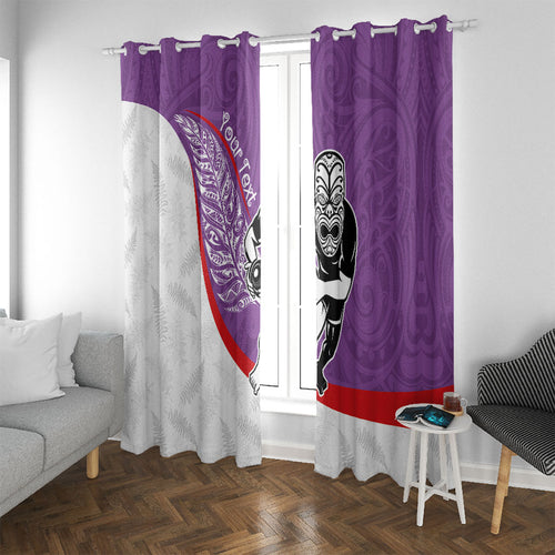 Personalised Aotearoa Lawn Bowls Window Curtain Maori Warrior and Silver Fern Sporty Style Purple