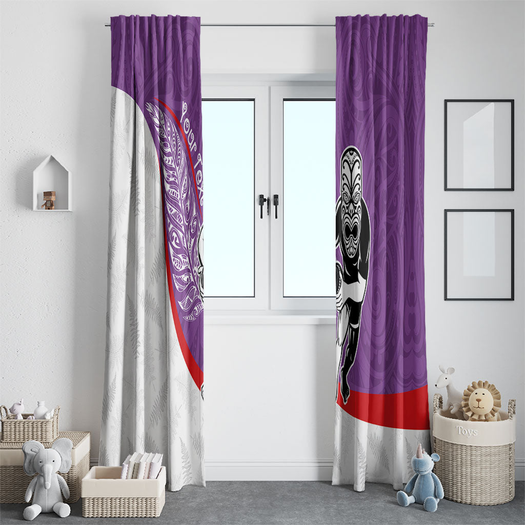 Personalised Aotearoa Lawn Bowls Window Curtain Maori Warrior and Silver Fern Sporty Style Purple
