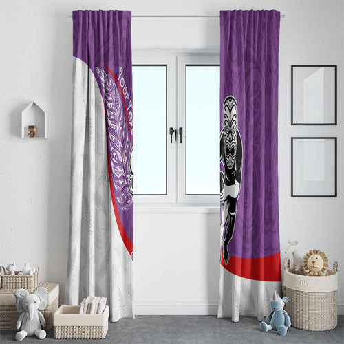 Personalised Aotearoa Lawn Bowls Window Curtain Maori Warrior and Silver Fern Sporty Style Purple