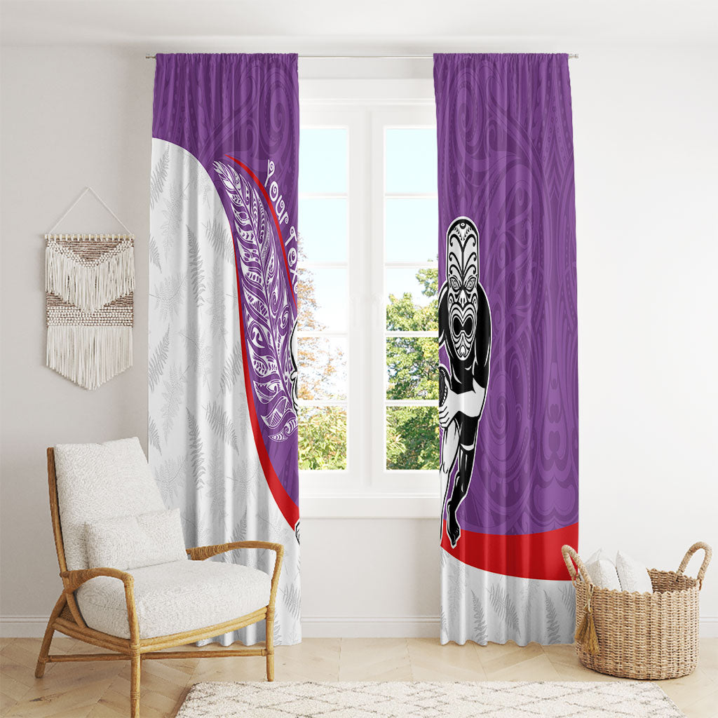 Personalised Aotearoa Lawn Bowls Window Curtain Maori Warrior and Silver Fern Sporty Style Purple