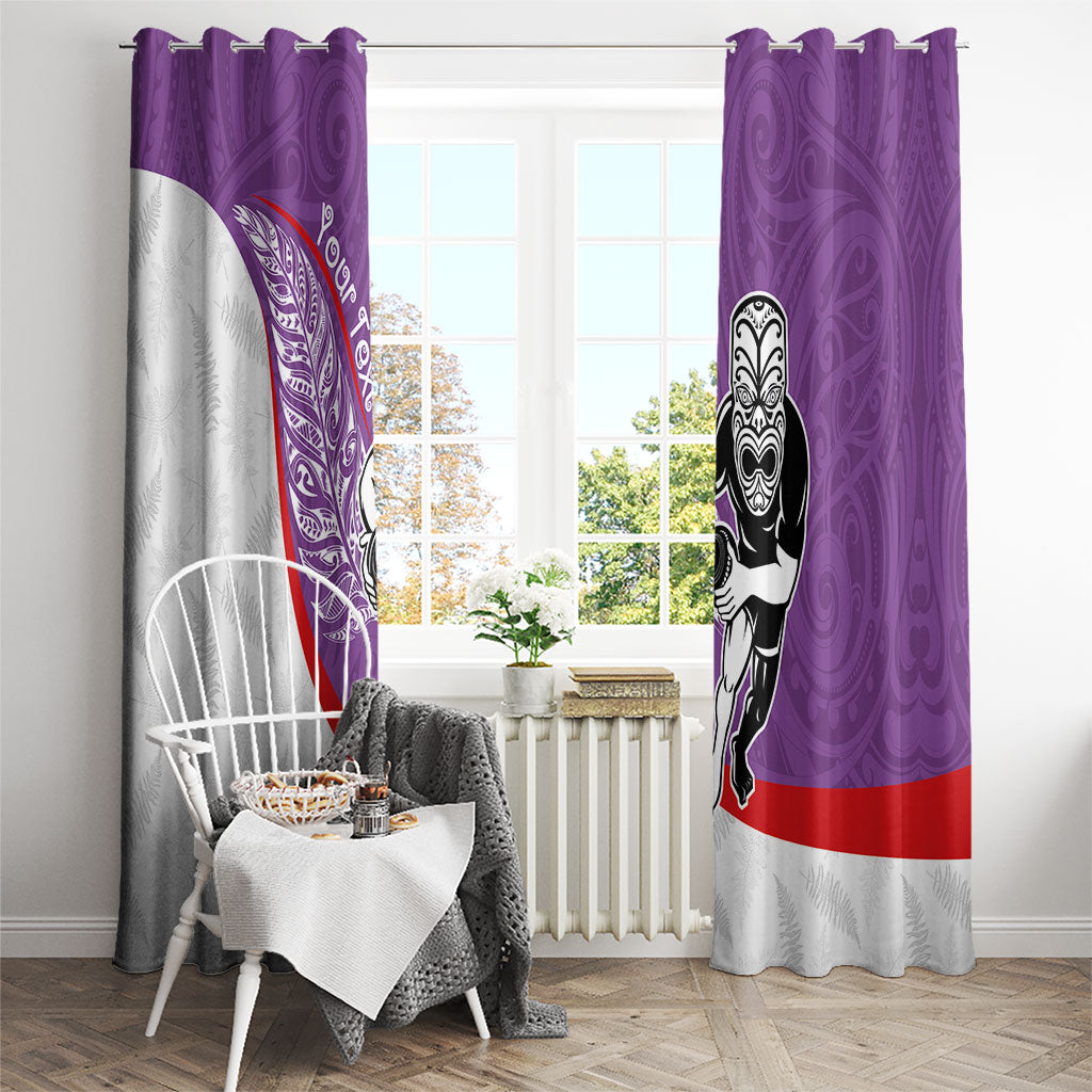 Personalised Aotearoa Lawn Bowls Window Curtain Maori Warrior and Silver Fern Sporty Style Purple
