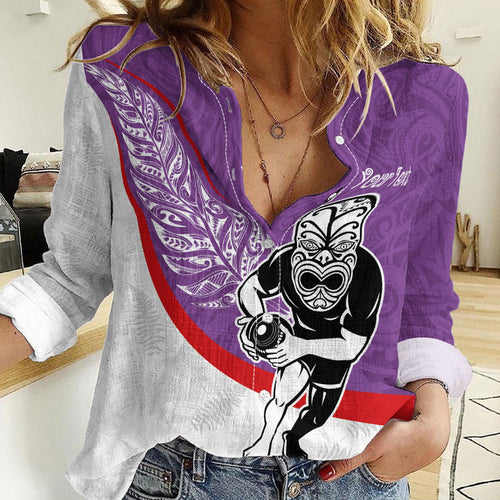 Personalised Aotearoa Lawn Bowls Women Casual Shirt Maori Warrior and Silver Fern Sporty Style Purple