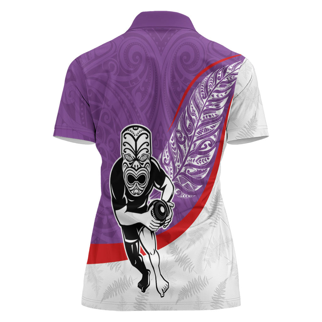 Personalised Aotearoa Lawn Bowls Women Polo Shirt Maori Warrior and Silver Fern Sporty Style Purple