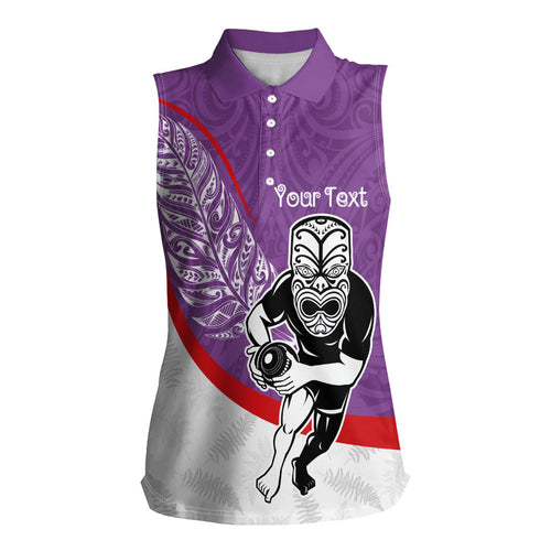 Personalised Aotearoa Lawn Bowls Women Sleeveless Polo Shirt Maori Warrior and Silver Fern Sporty Style Purple