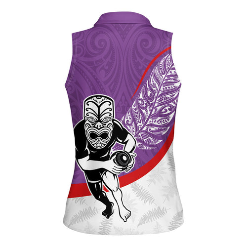 Personalised Aotearoa Lawn Bowls Women Sleeveless Polo Shirt Maori Warrior and Silver Fern Sporty Style Purple
