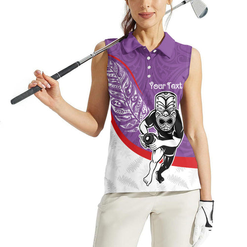 Personalised Aotearoa Lawn Bowls Women Sleeveless Polo Shirt Maori Warrior and Silver Fern Sporty Style Purple