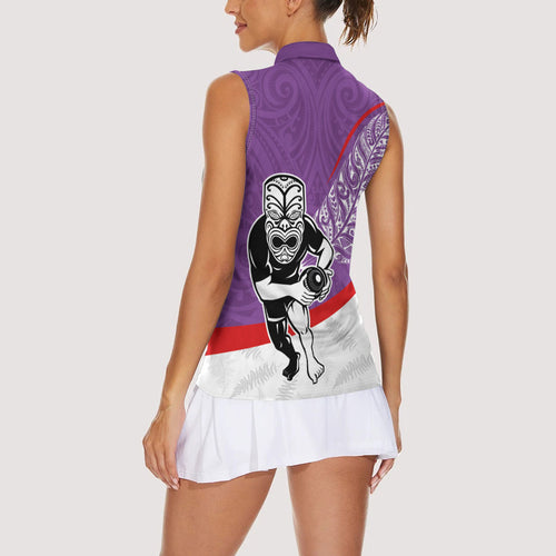 Personalised Aotearoa Lawn Bowls Women Sleeveless Polo Shirt Maori Warrior and Silver Fern Sporty Style Purple