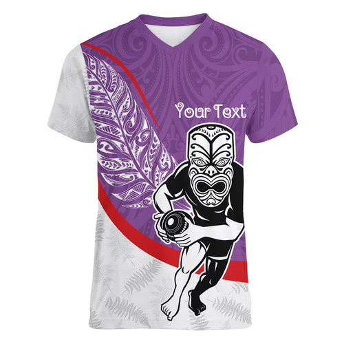 Personalised Aotearoa Lawn Bowls Women V-Neck T-Shirt Maori Warrior and Silver Fern Sporty Style Purple