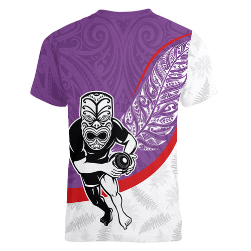 Personalised Aotearoa Lawn Bowls Women V-Neck T-Shirt Maori Warrior and Silver Fern Sporty Style Purple