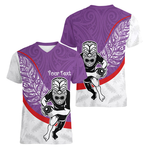 Personalised Aotearoa Lawn Bowls Women V-Neck T-Shirt Maori Warrior and Silver Fern Sporty Style Purple