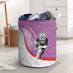 Personalised Aotearoa Lawn Bowls Laundry Basket Maori Warrior and Silver Fern Sporty Style Pink