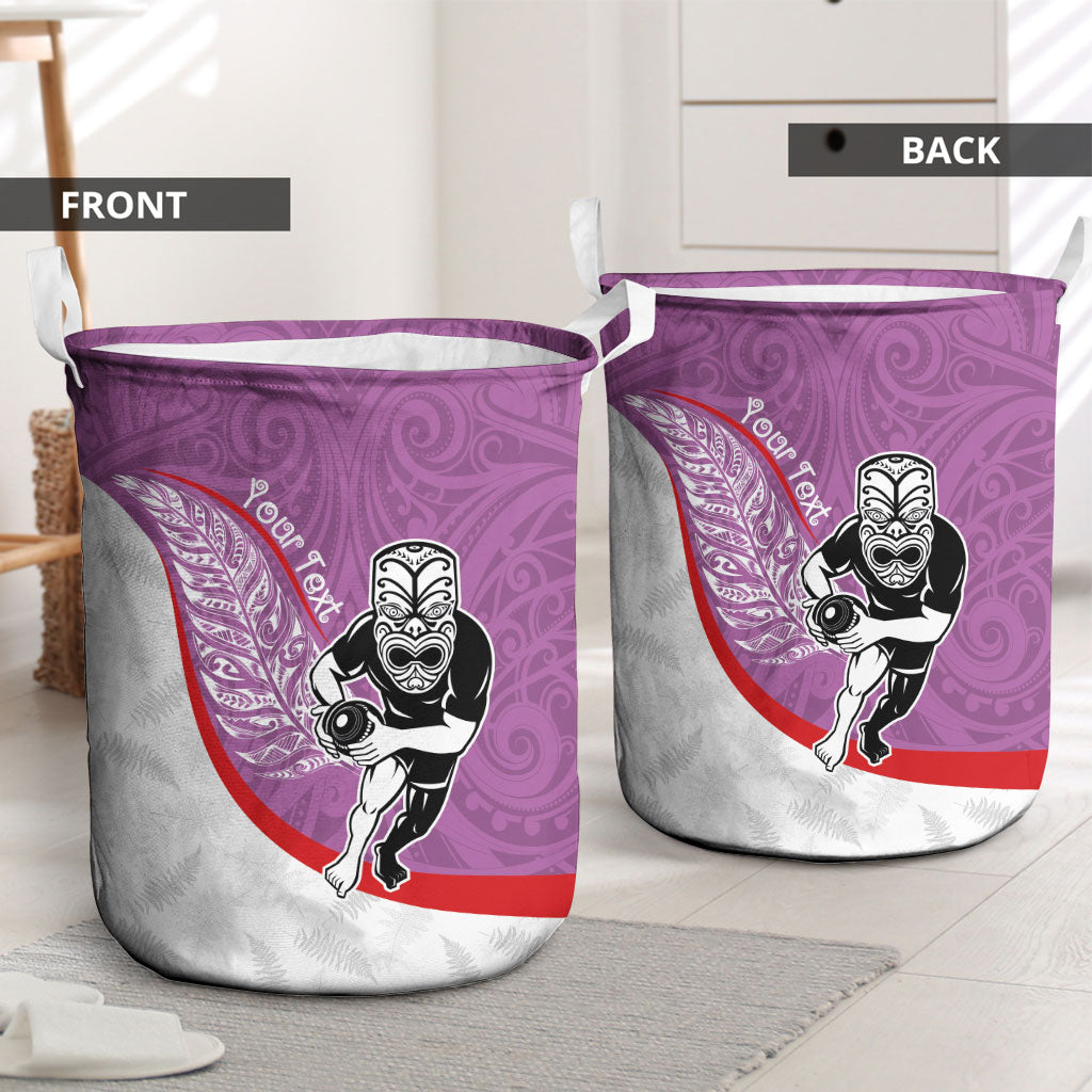 Personalised Aotearoa Lawn Bowls Laundry Basket Maori Warrior and Silver Fern Sporty Style Pink