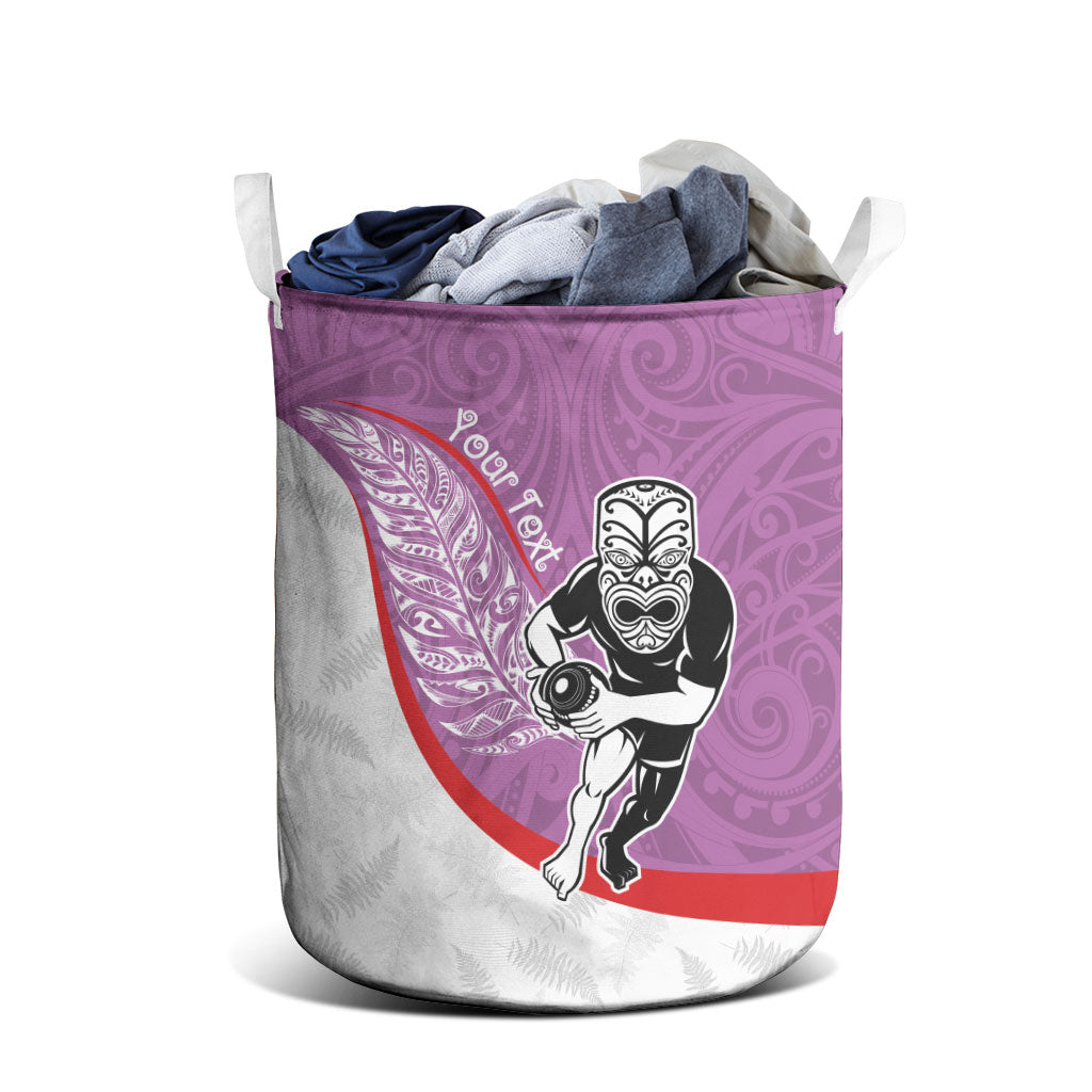 Personalised Aotearoa Lawn Bowls Laundry Basket Maori Warrior and Silver Fern Sporty Style Pink
