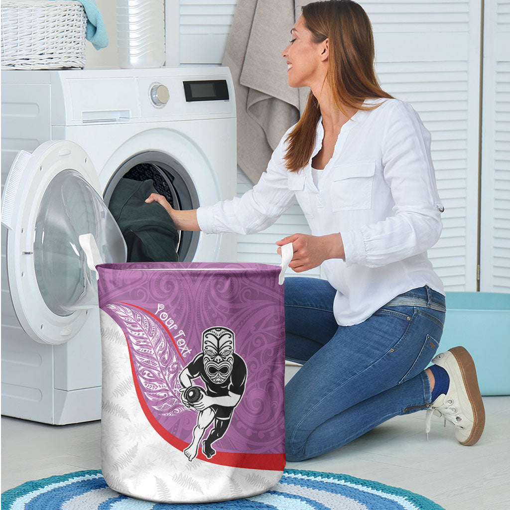Personalised Aotearoa Lawn Bowls Laundry Basket Maori Warrior and Silver Fern Sporty Style Pink