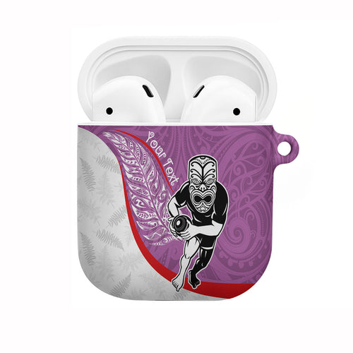 Personalised Aotearoa Lawn Bowls AirPods Case Maori Warrior and Silver Fern Sporty Style Pink