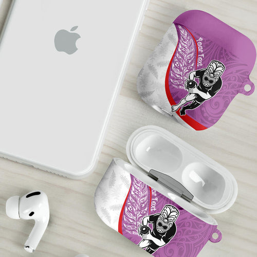 Personalised Aotearoa Lawn Bowls AirPods Case Maori Warrior and Silver Fern Sporty Style Pink