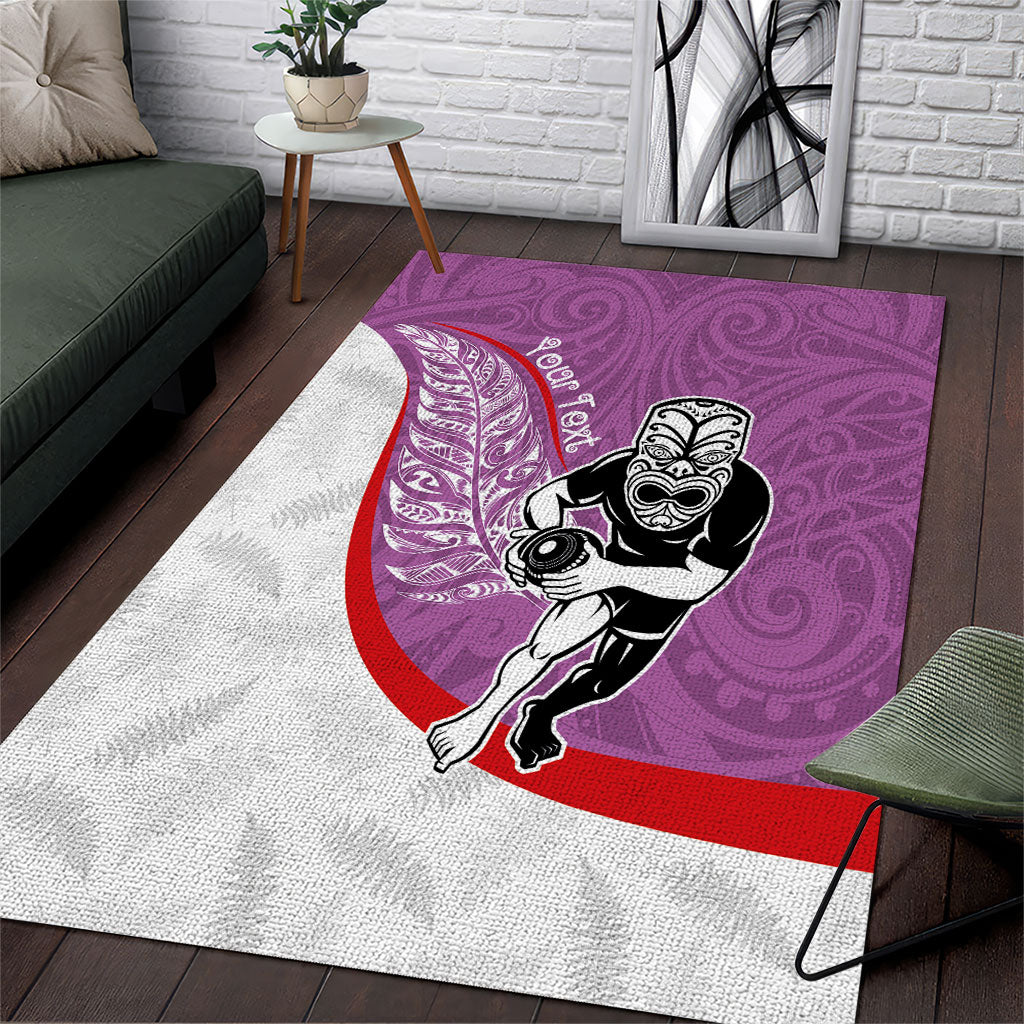 Personalised Aotearoa Lawn Bowls Area Rug Maori Warrior and Silver Fern Sporty Style Pink