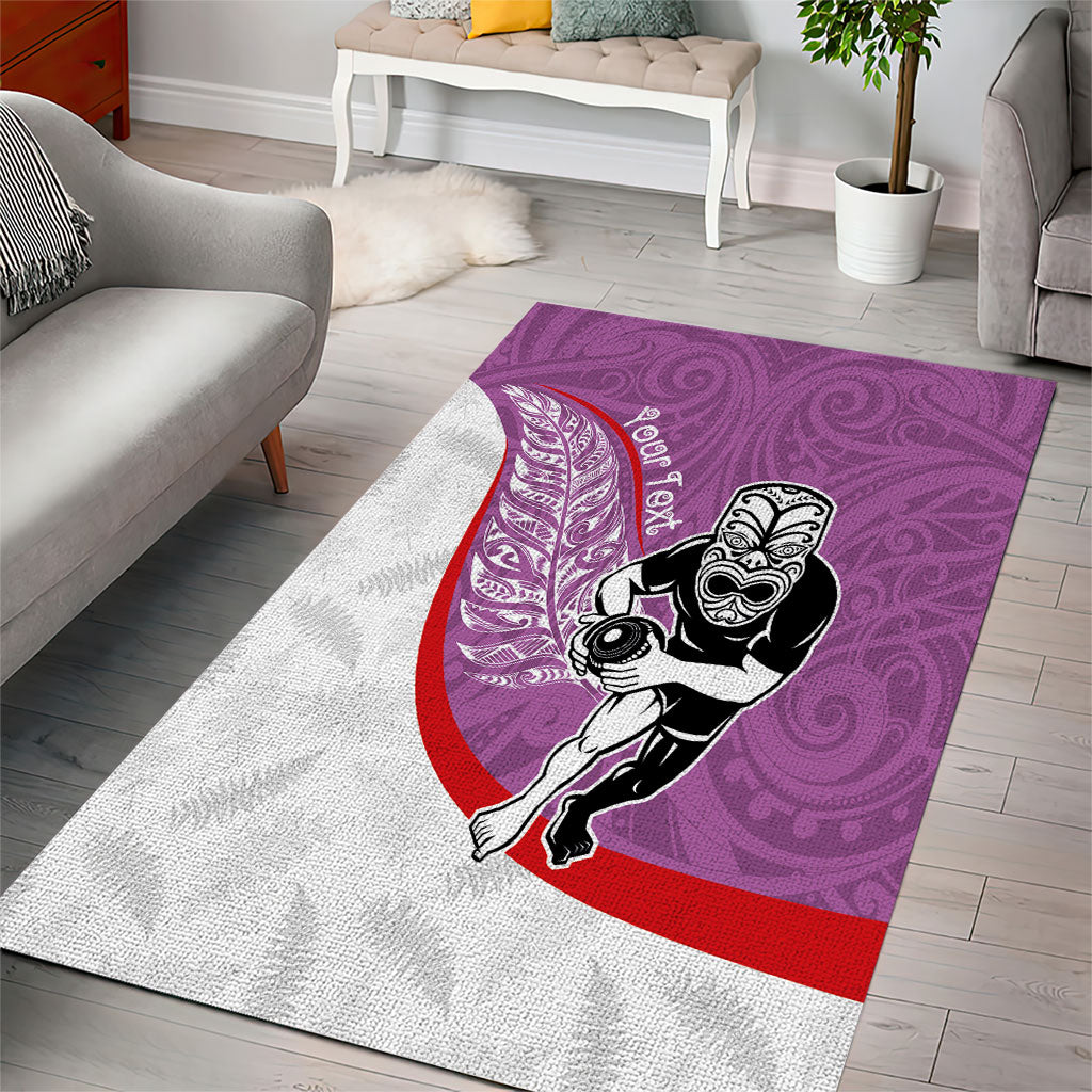 Personalised Aotearoa Lawn Bowls Area Rug Maori Warrior and Silver Fern Sporty Style Pink