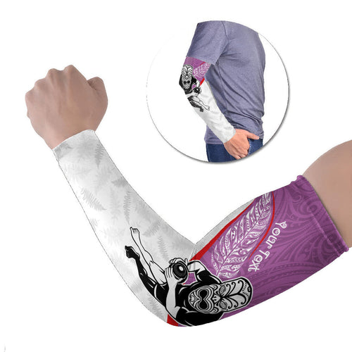 Personalised Aotearoa Lawn Bowls Arm Sleeves Maori Warrior and Silver Fern Sporty Style Pink