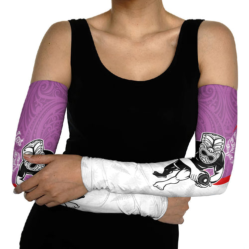 Personalised Aotearoa Lawn Bowls Arm Sleeves Maori Warrior and Silver Fern Sporty Style Pink