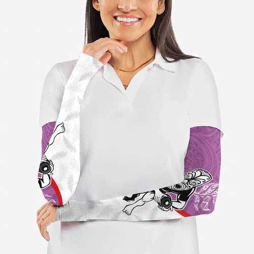 Personalised Aotearoa Lawn Bowls Arm Sleeves Maori Warrior and Silver Fern Sporty Style Pink