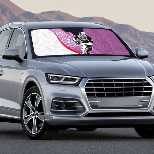 Personalised Aotearoa Lawn Bowls Auto Sun Shade Maori Warrior and Silver Fern Sporty Style Pink