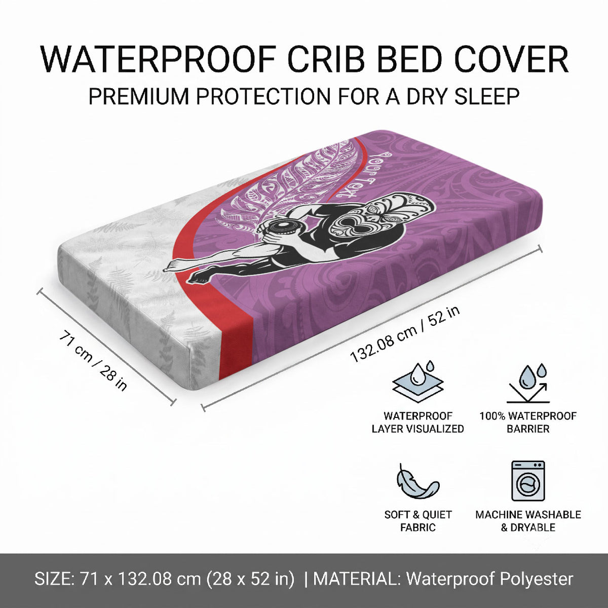 Personalised Aotearoa Lawn Bowls Baby Bed Cover Maori Warrior and Silver Fern Sporty Style Pink
