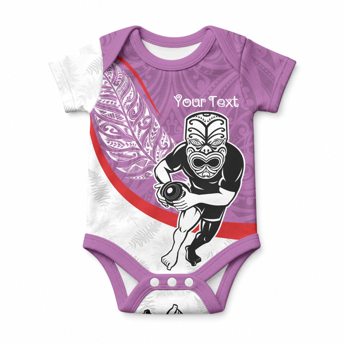 Personalised Aotearoa Lawn Bowls Baby Onesie Maori Warrior and Silver Fern Sporty Style Pink
