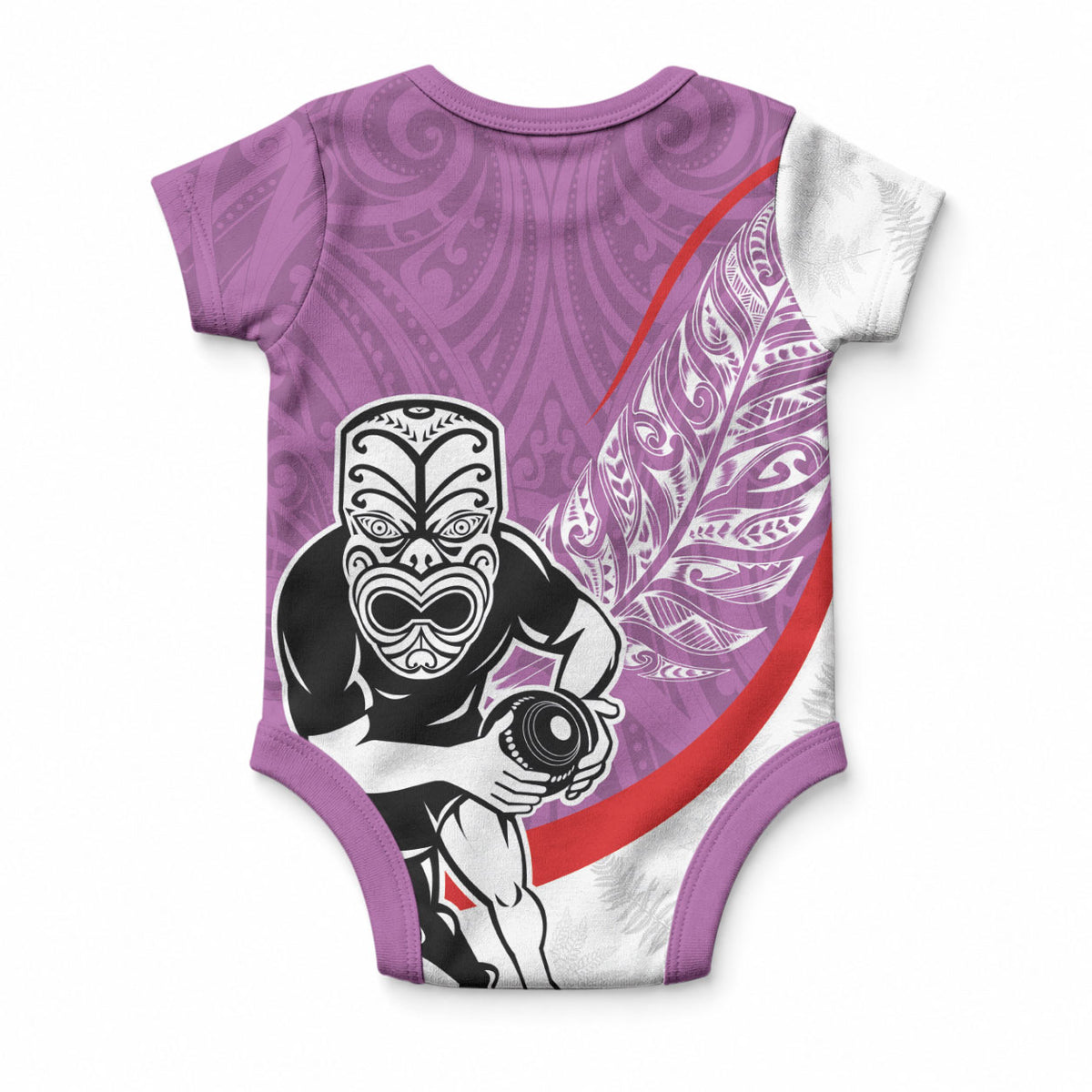 Personalised Aotearoa Lawn Bowls Baby Onesie Maori Warrior and Silver Fern Sporty Style Pink