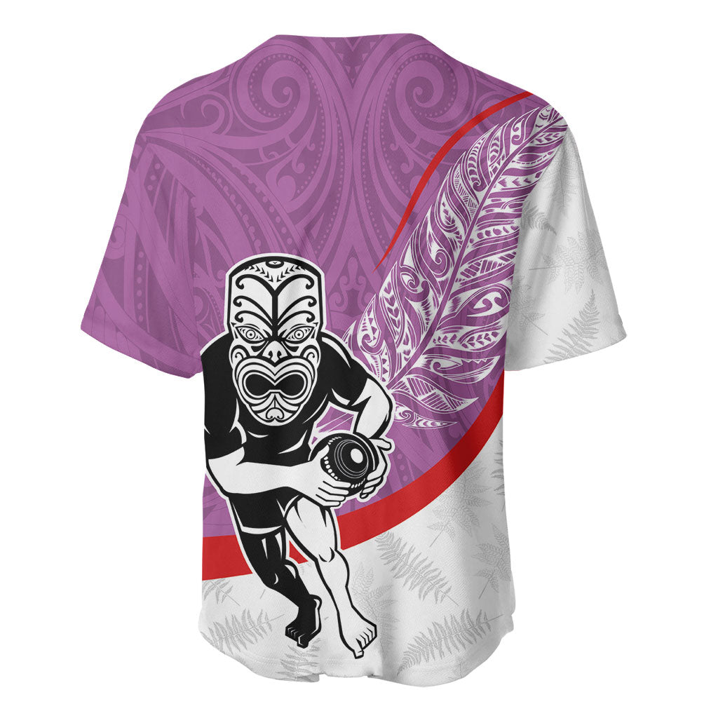 Personalised Aotearoa Lawn Bowls Baseball Jersey Maori Warrior and Silver Fern Sporty Style Pink