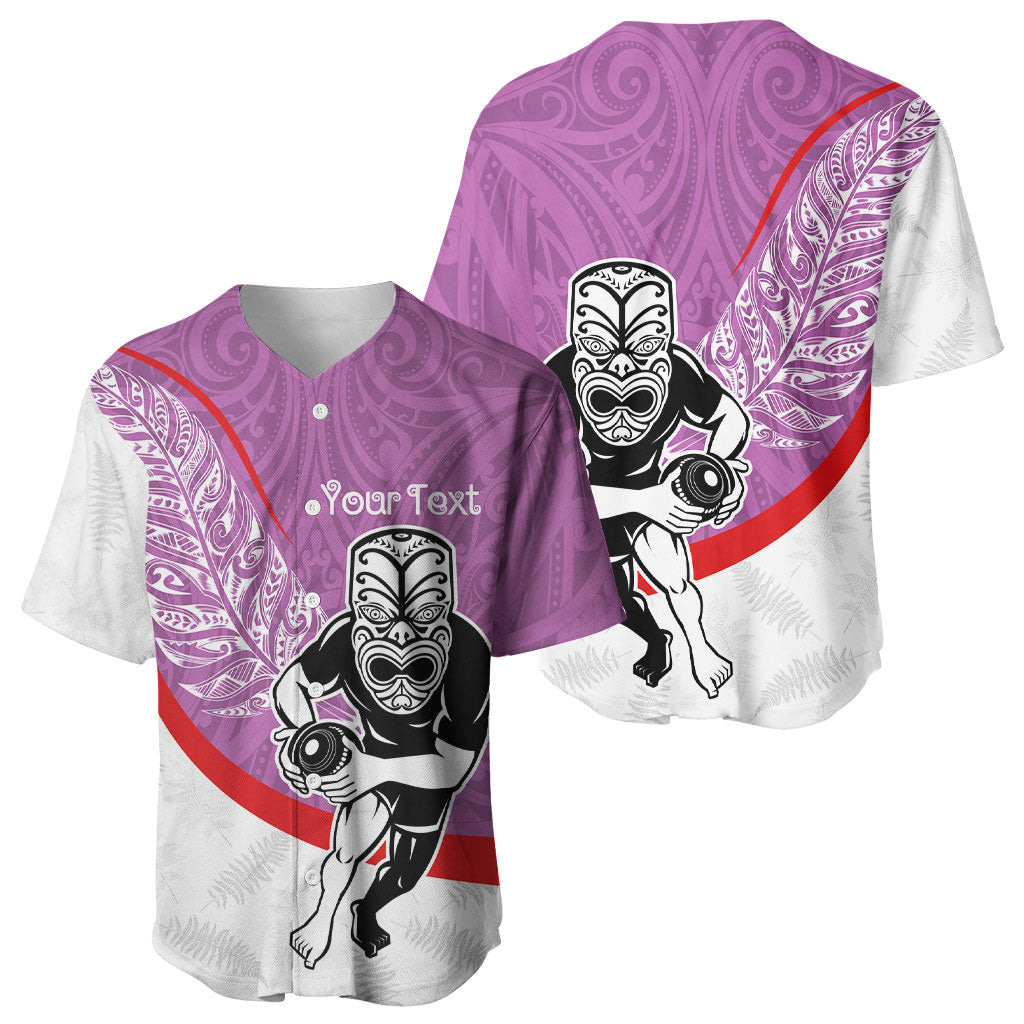 Personalised Aotearoa Lawn Bowls Baseball Jersey Maori Warrior and Silver Fern Sporty Style Pink