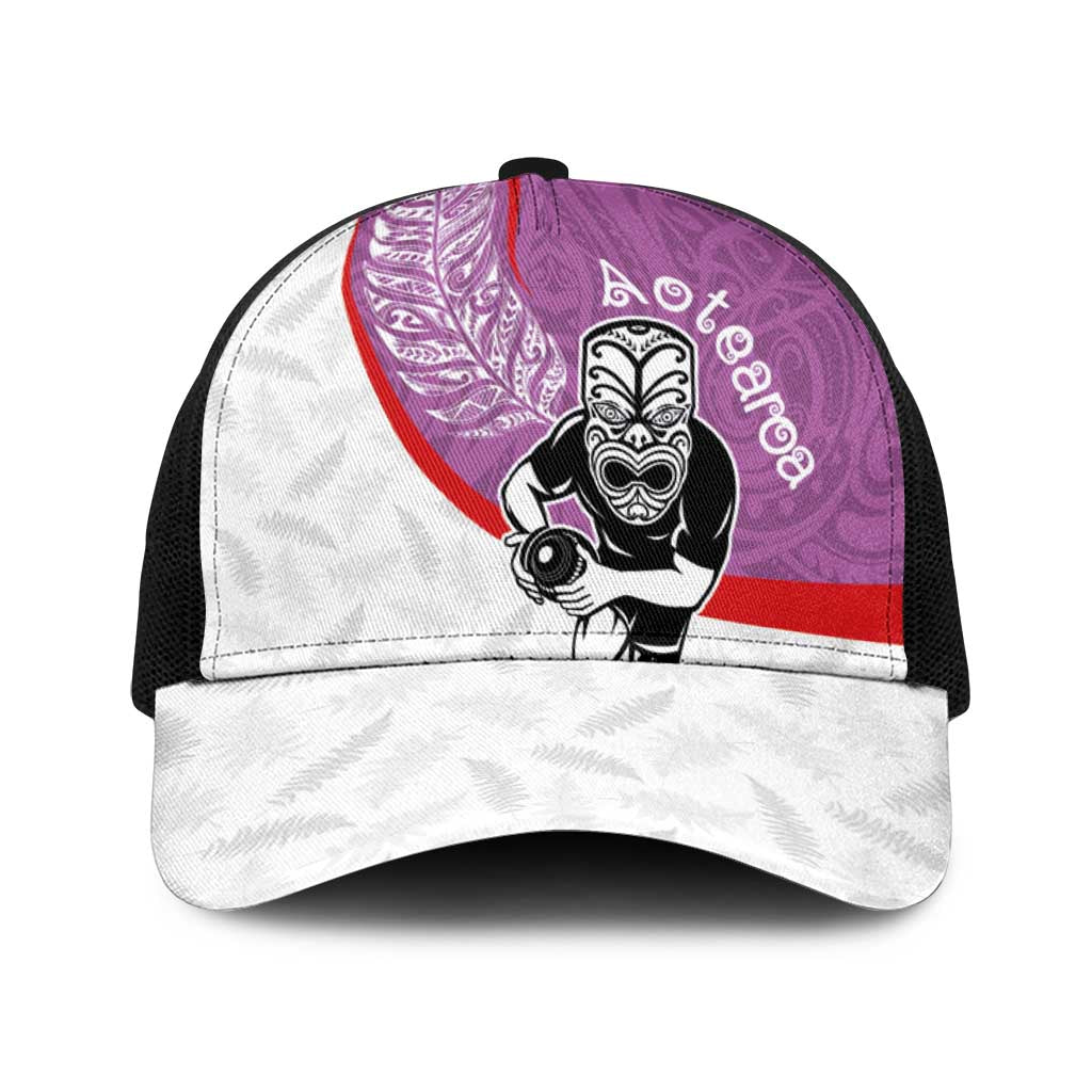 Aotearoa Lawn Bowls Baseball Net Cap Maori Warrior and Silver Fern Sporty Style Pink