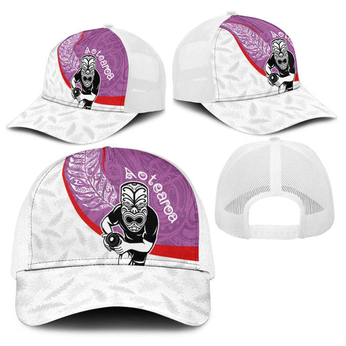 Aotearoa Lawn Bowls Baseball Net Cap Maori Warrior and Silver Fern Sporty Style Pink