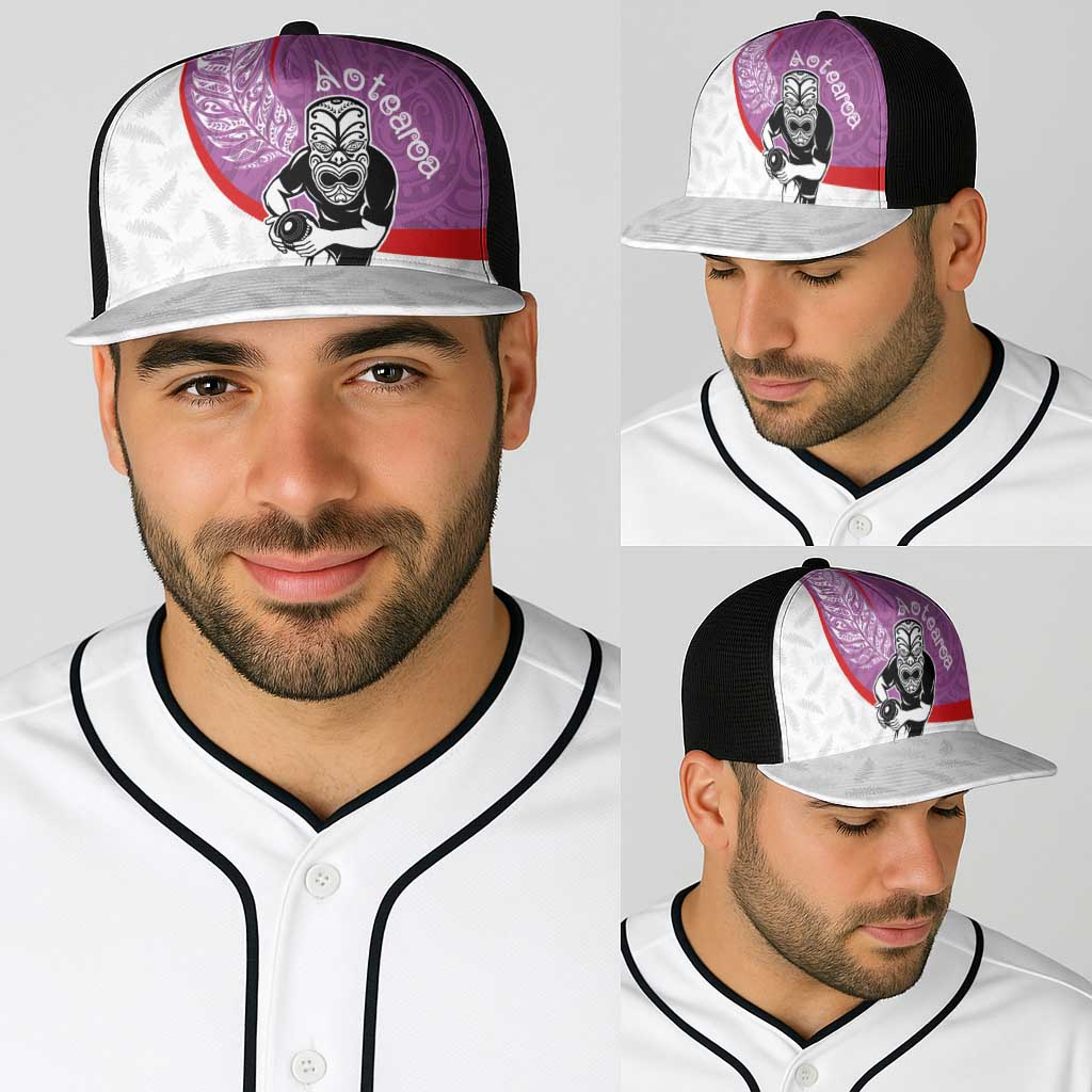 Aotearoa Lawn Bowls Baseball Net Cap Maori Warrior and Silver Fern Sporty Style Pink
