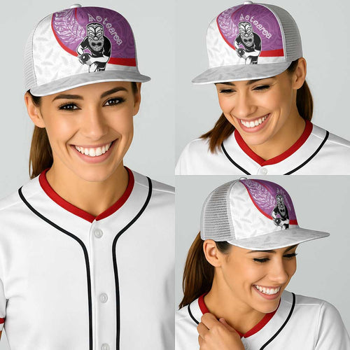Aotearoa Lawn Bowls Baseball Net Cap Maori Warrior and Silver Fern Sporty Style Pink