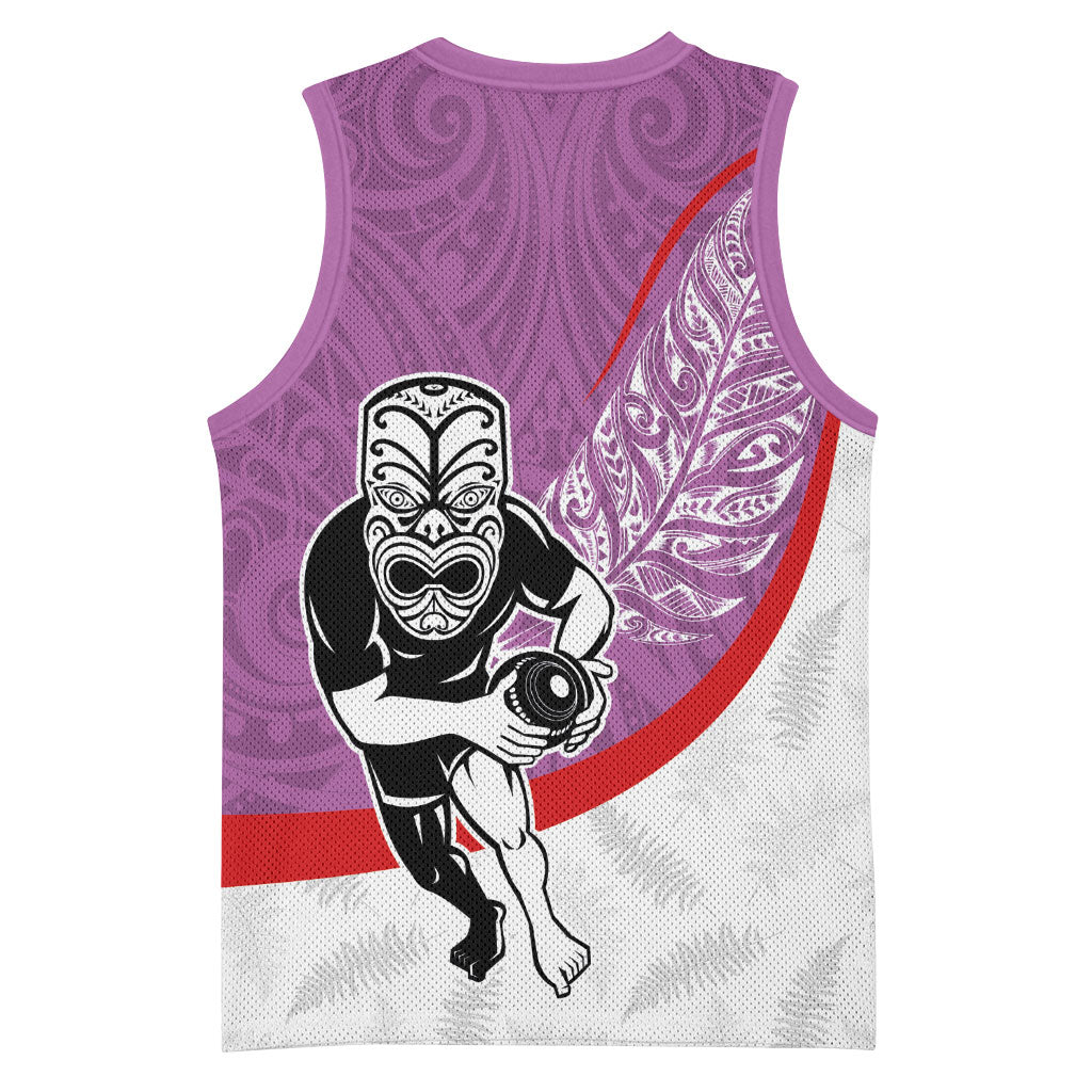 Personalised Aotearoa Lawn Bowls Basketball Jersey Maori Warrior and Silver Fern Sporty Style Pink