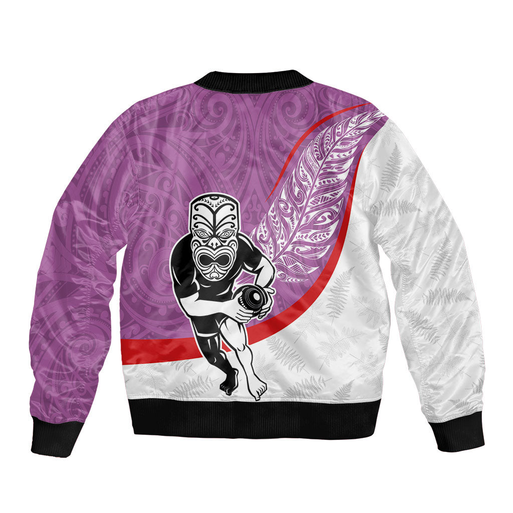 Personalised Aotearoa Lawn Bowls Bomber Jacket Maori Warrior and Silver Fern Sporty Style Pink