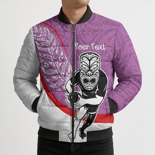 Personalised Aotearoa Lawn Bowls Bomber Puffer Jacket Maori Warrior and Silver Fern Sporty Style Pink