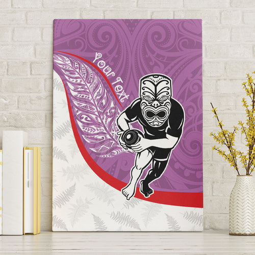 Personalised Aotearoa Lawn Bowls Canvas Wall Art Maori Warrior and Silver Fern Sporty Style Pink