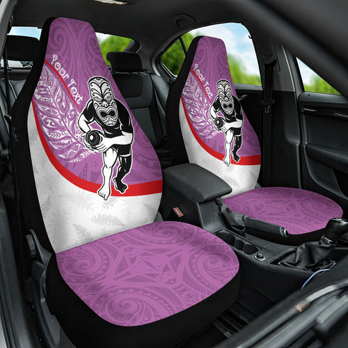 Personalised Aotearoa Lawn Bowls Car Seat Cover Maori Warrior and Silver Fern Sporty Style Pink