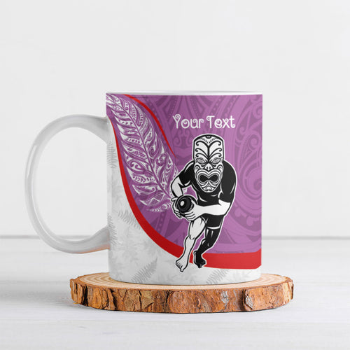 Personalised Aotearoa Lawn Bowls Ceramic Mug Maori Warrior and Silver Fern Sporty Style Pink