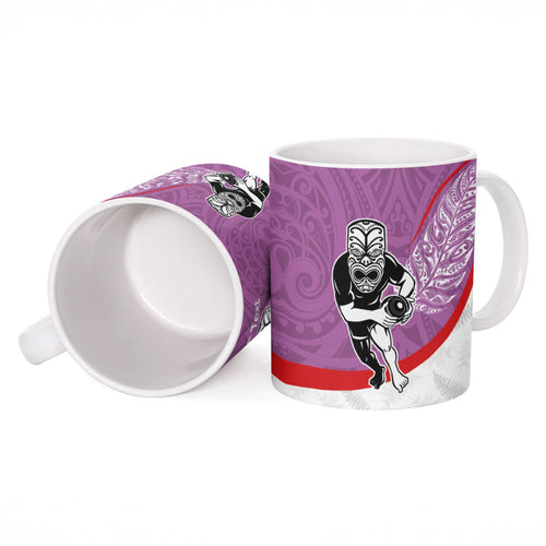 Personalised Aotearoa Lawn Bowls Ceramic Mug Maori Warrior and Silver Fern Sporty Style Pink